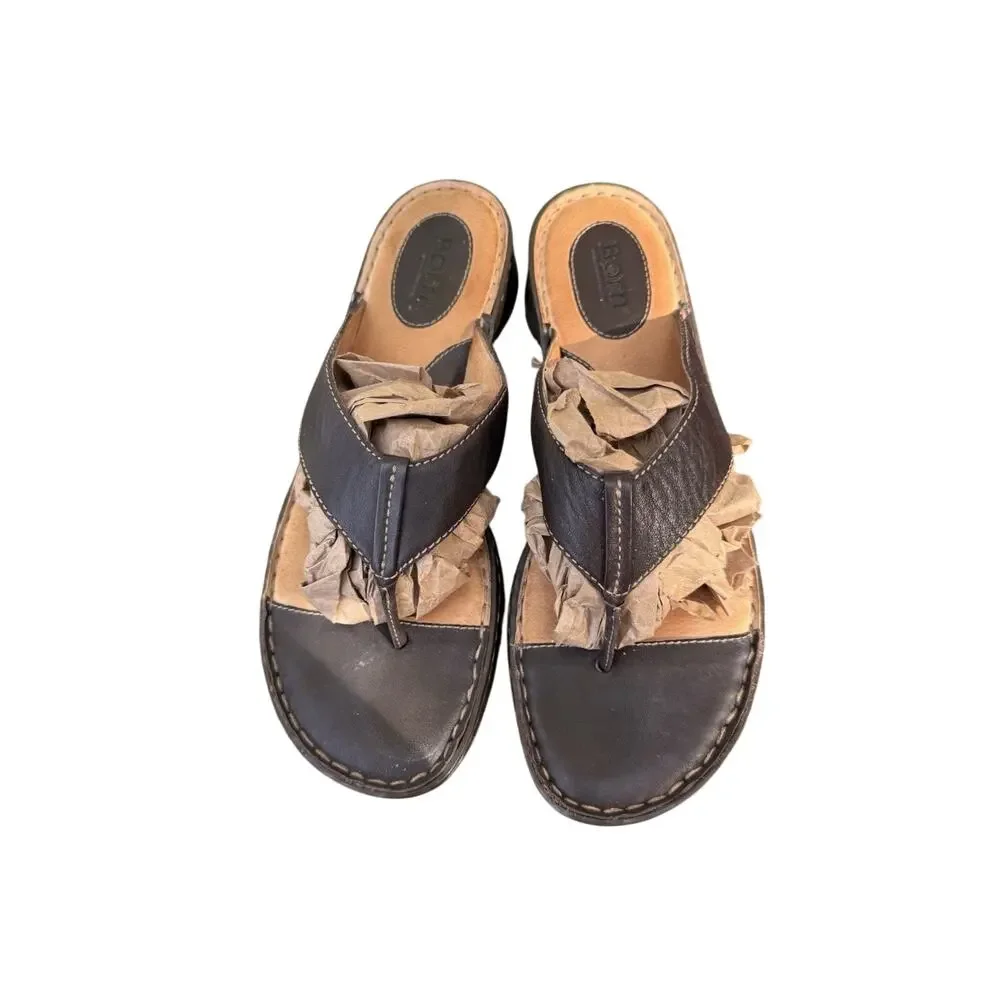 Born Brown Leather Slip On Thong Flip Flop Comfort Sandals W6490 A7 Women's 10